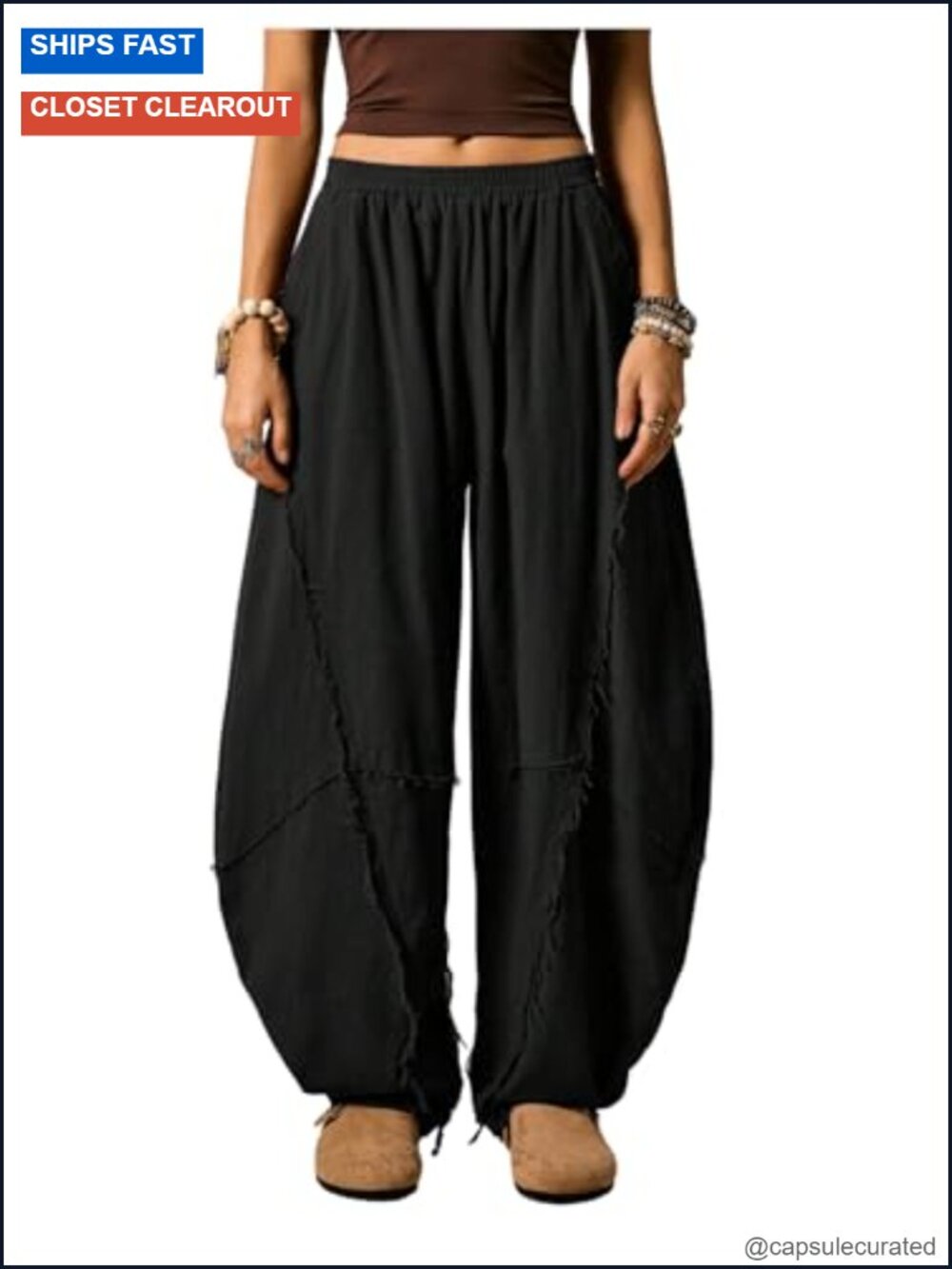 Linen Harem Pants with Elastic Waist and Raw Trim - Vintage Boho Trousers